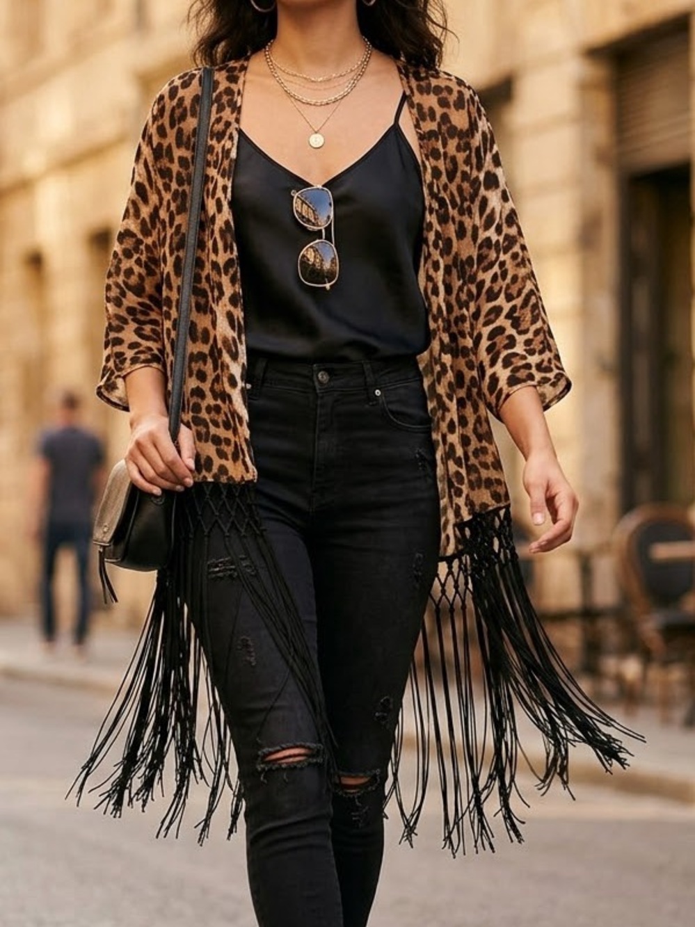 ARK & CO. LEOPARD FRINGE KIMONO size S